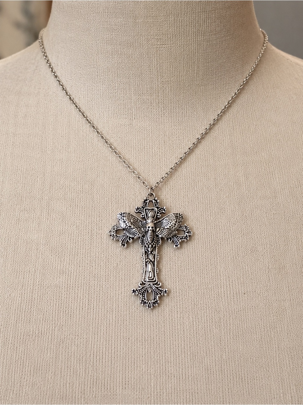 Silver Skull Moth Cross Pendant Necklace